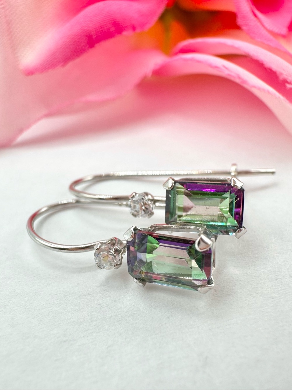 Emerald Cut Mystic Topaz Drop Earrings 10K White Gold Dainty Ethereal Bridal